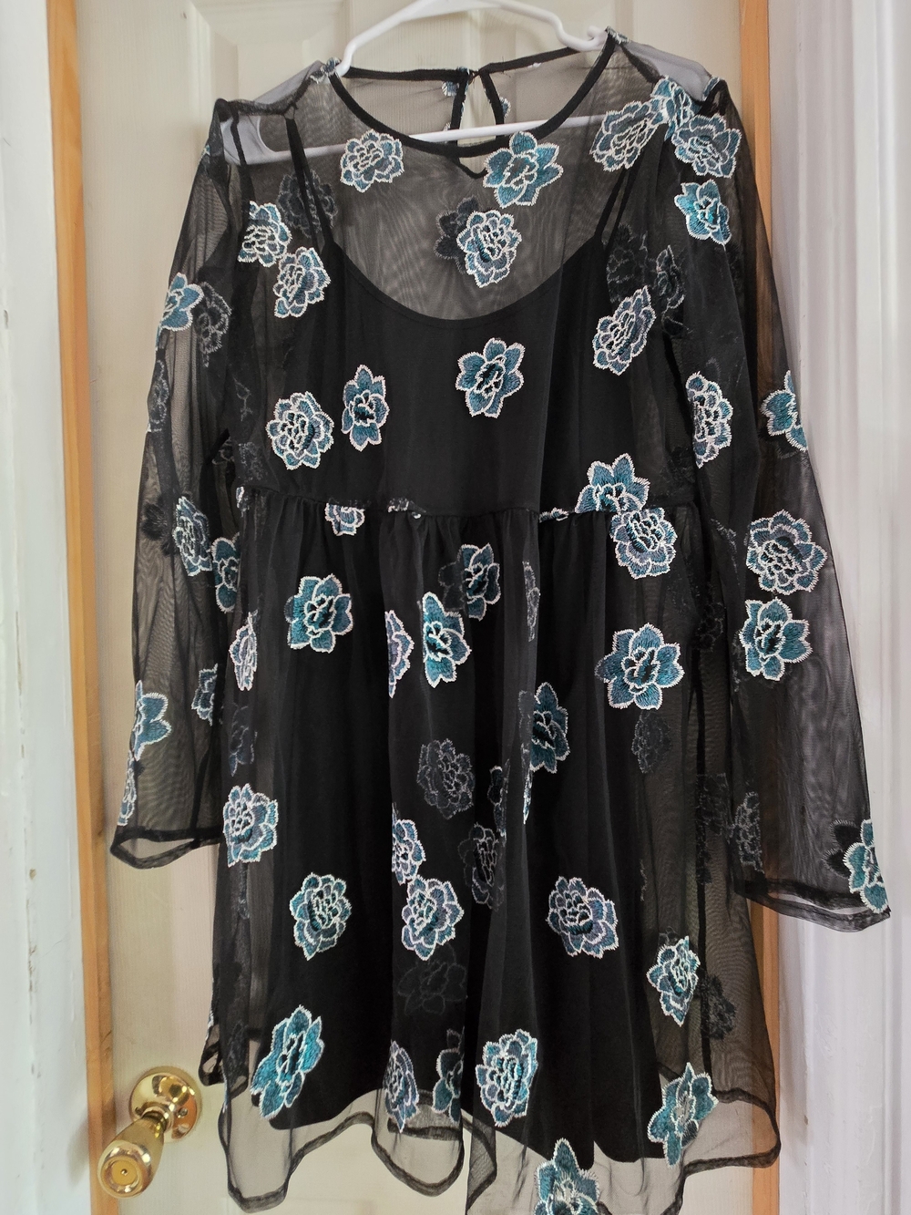 Target Black Sheer Long Sleeve Dress with Teal and White Floral Embroidery